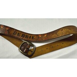 Vintage Hand‑Tooled Leather Belt Debbie Brass Buckle size 32